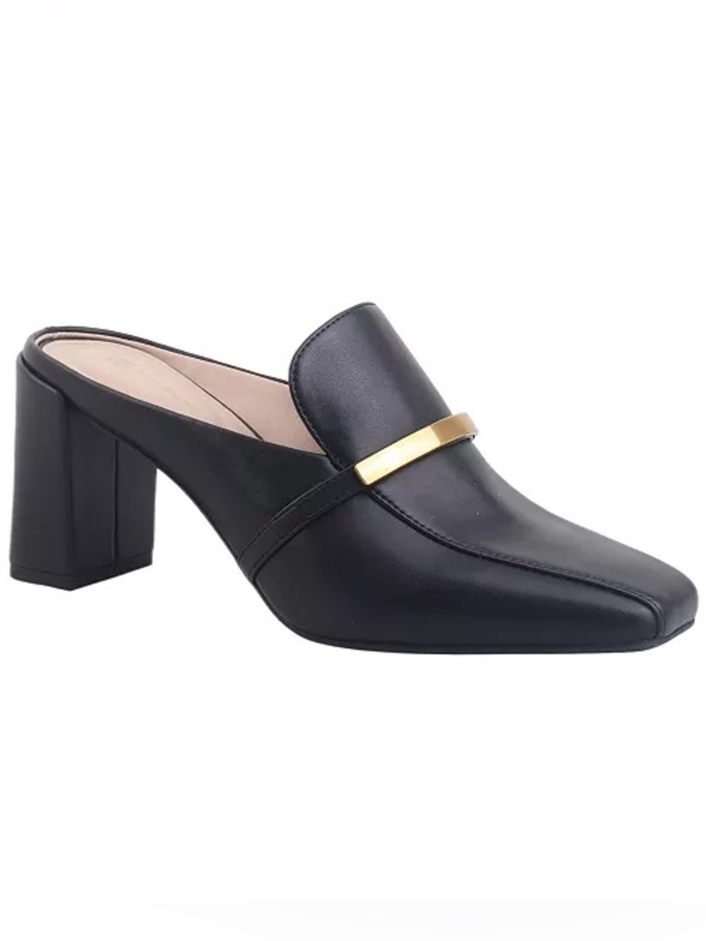 Giani Bernini Black Leather Block Heel Mule with Gold Bar Size 6.5